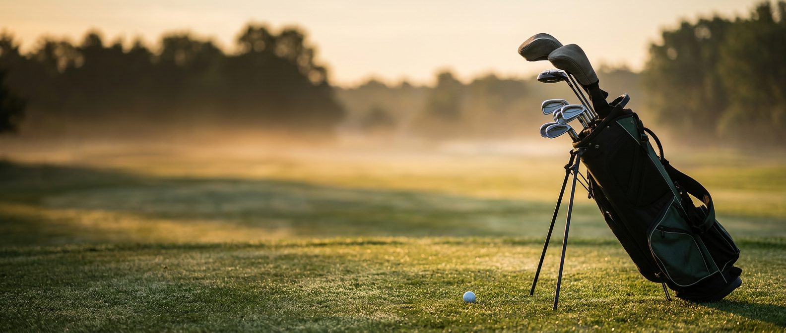 A golf stand bag of irons and woods on a misty fairway at sunrise